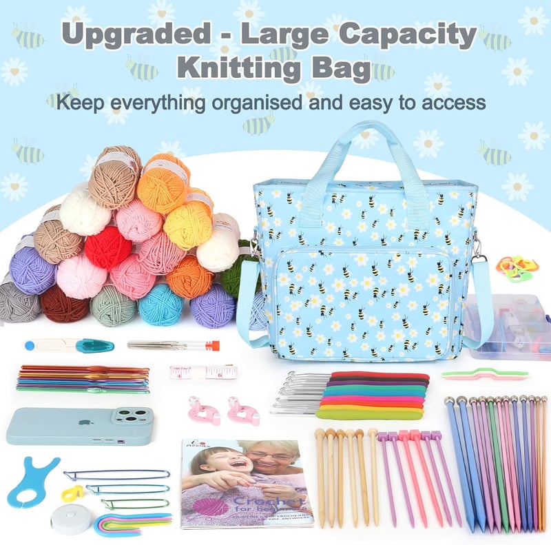 Aeelike Yarn Storage Organizer Travel Crochet Bag, Large Capacity Tote Bag Knitting Bag for Carrying Projects, Knitting Needles, Crochet Hooks and Yarn, Blue Floral and Bees - Image 2